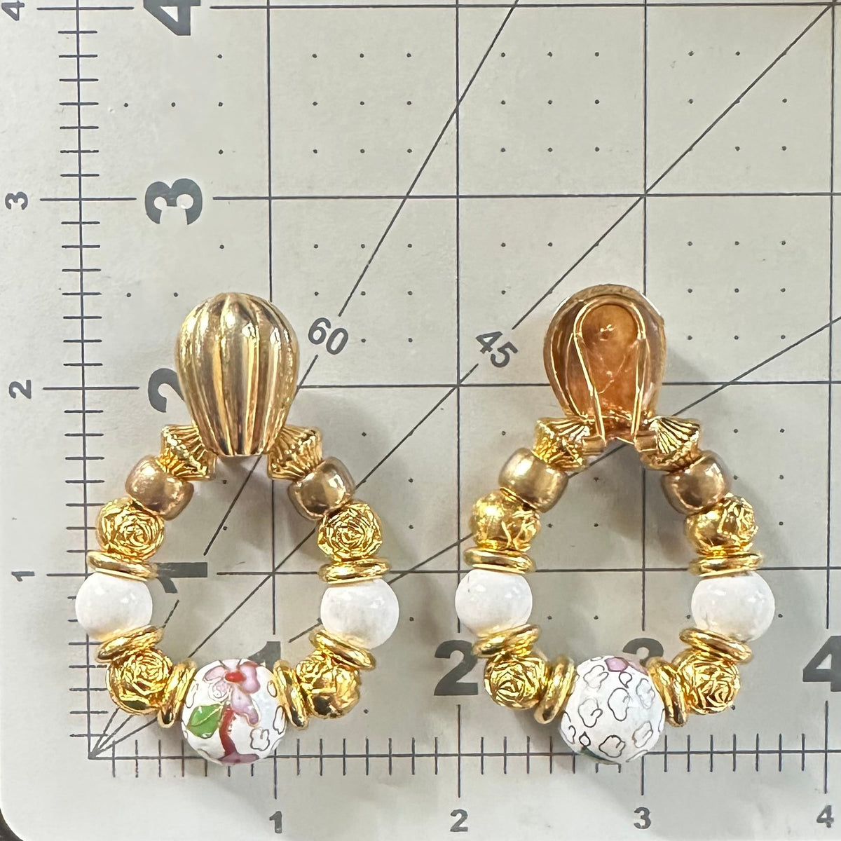1980s vintage gold tone statement cloisonne enamel beaded dangle post earrings