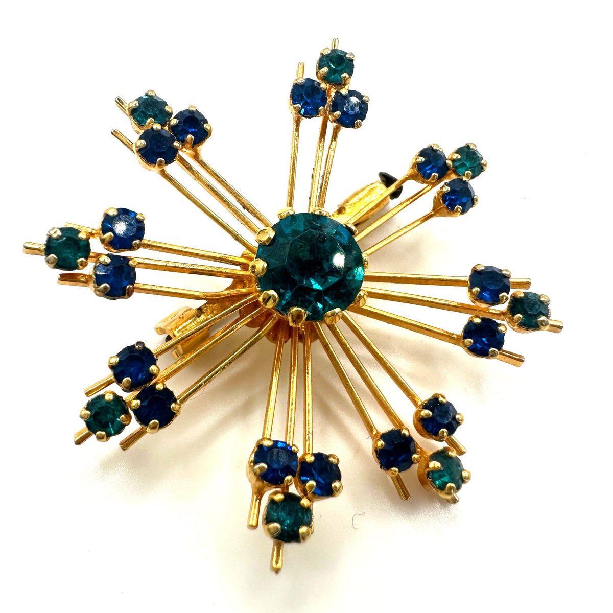 Vintage 1950s gold tone blue teal rhinestones starburst Sputnik brooch