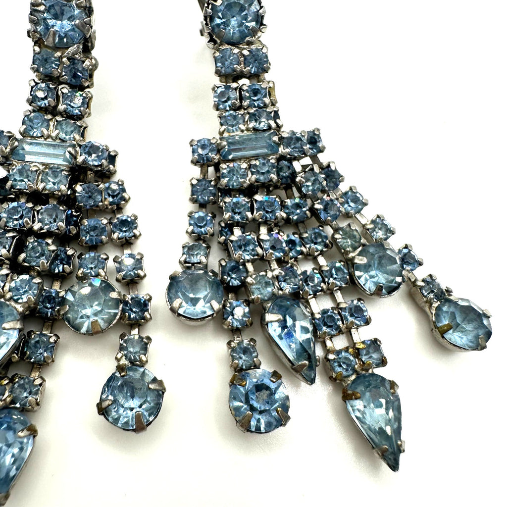Vintage silver tone light blue clear rhinestones drop fringe clip on earrings