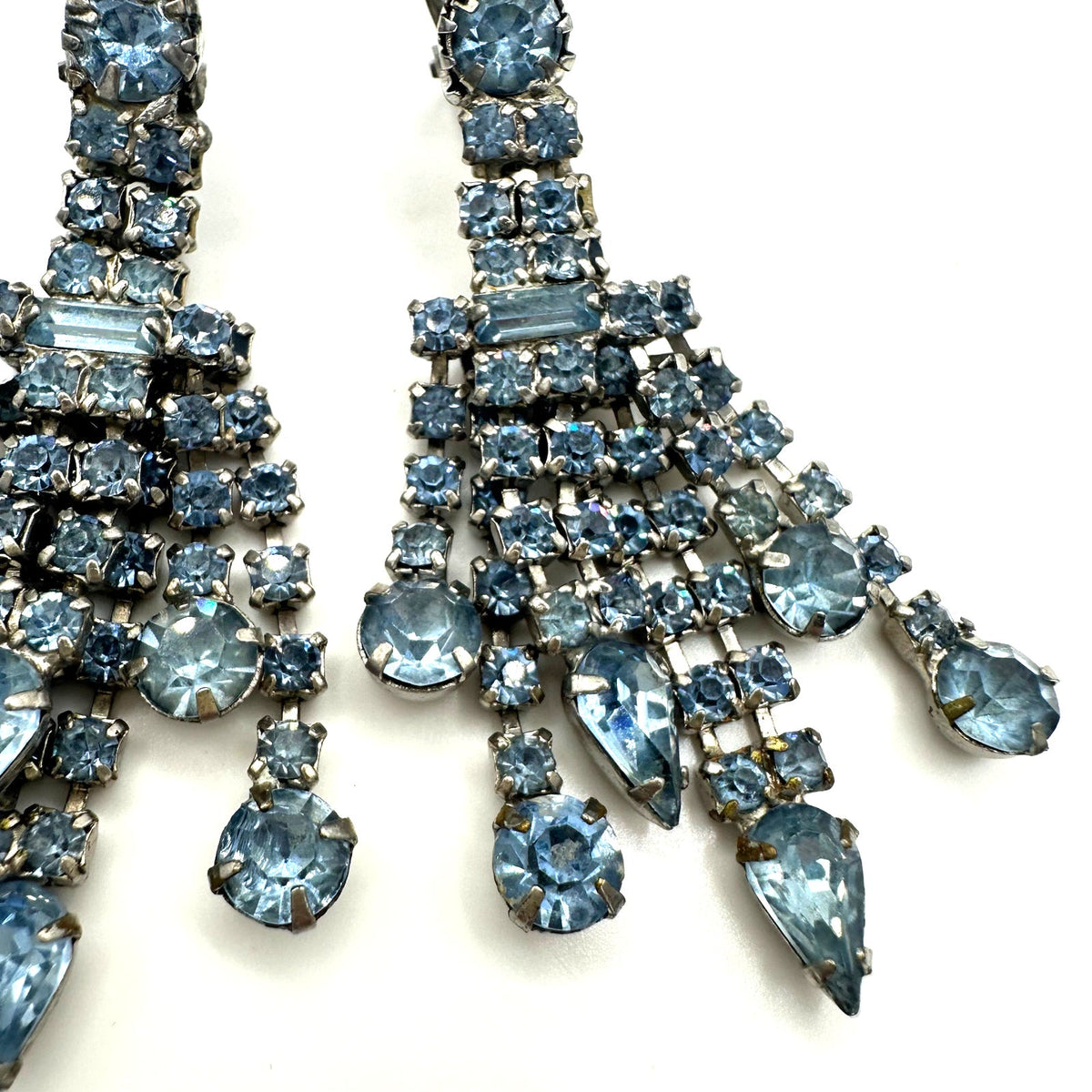 Vintage silver tone light blue clear rhinestones drop fringe clip on earrings