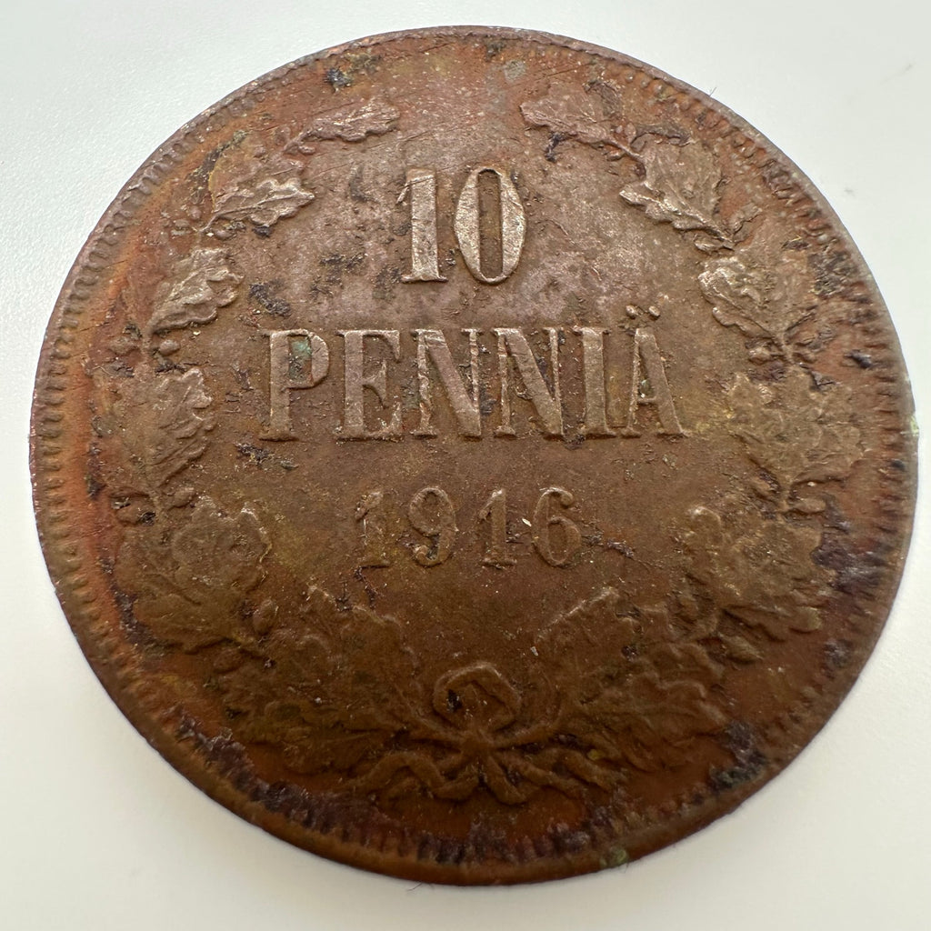 Finland Finnish 1916 antique 10 Pennia solid cooper coin