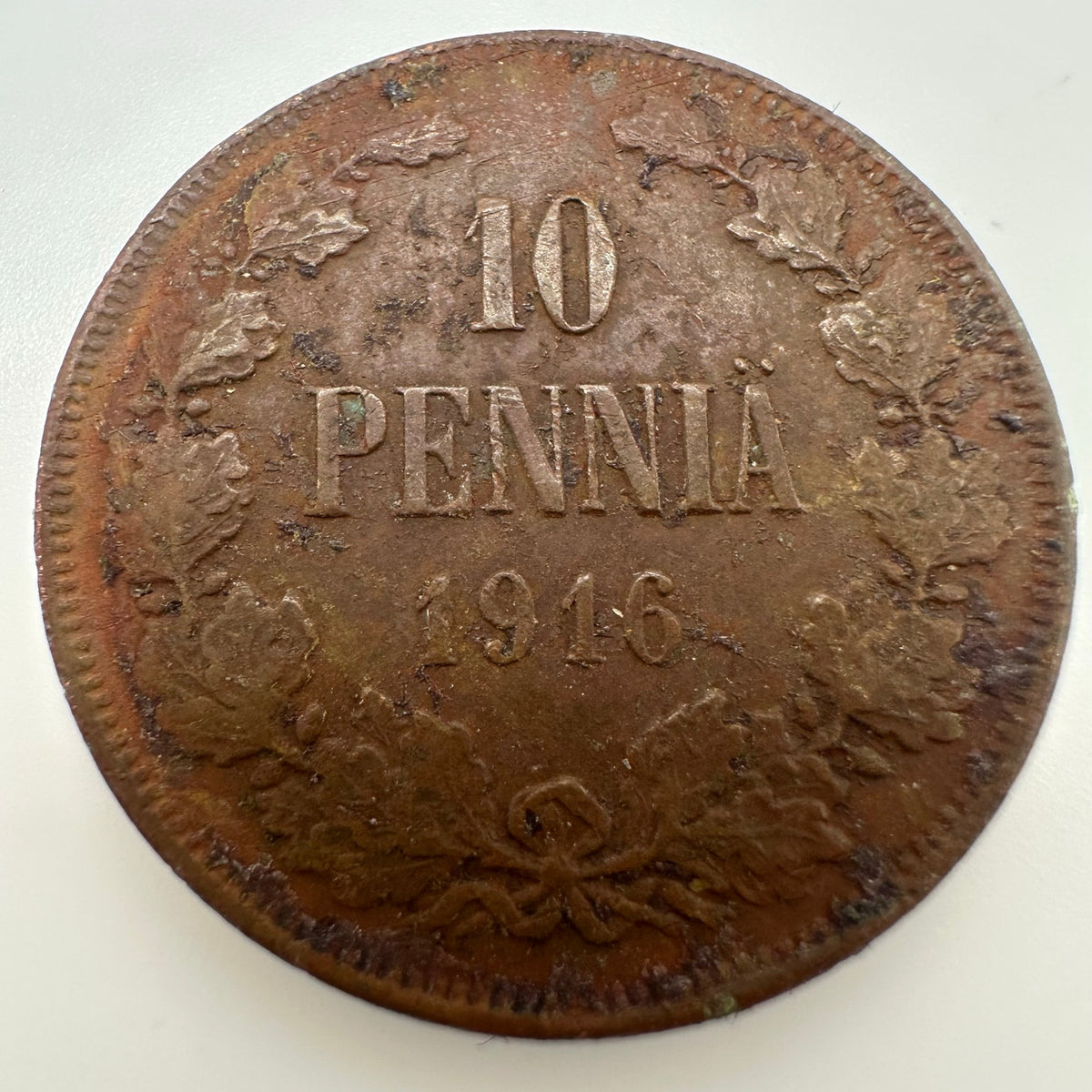 Finland Finnish 1916 antique 10 Pennia solid cooper coin