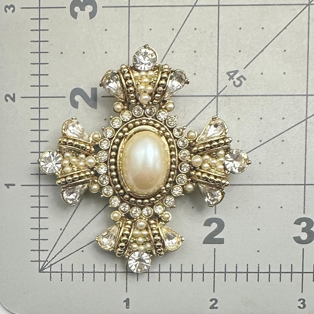 Vintage gold tone glass pearl cabochon clear rhinestones Maltese Cross brooch
