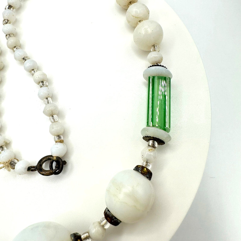 Antique Art Deco 1920s white milk green cane glass beaded graduated necklace