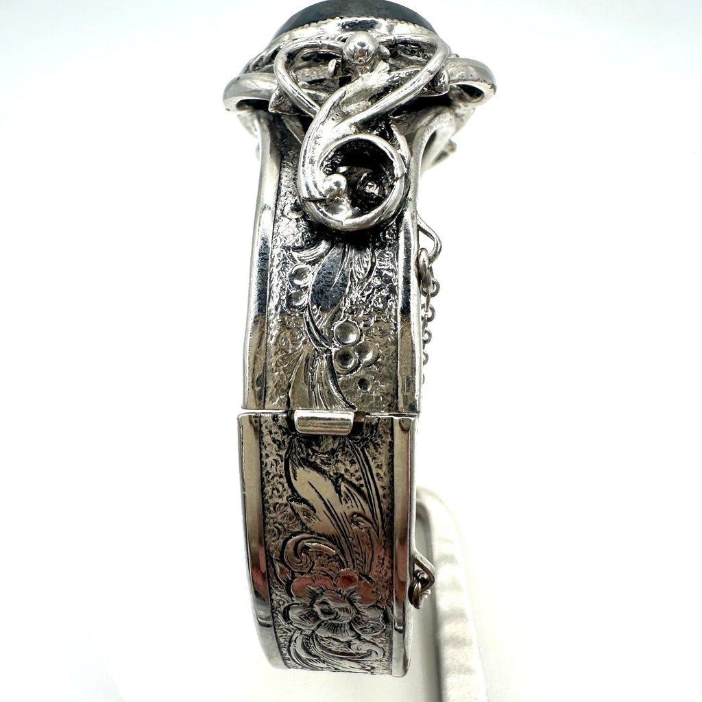Vintage Victorian Revival silver tone hematite glass hinged bangle bracelet