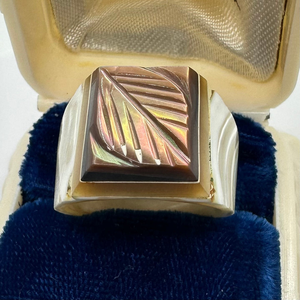 Vintage antique carved genuine abalone mother of pearl statement ring size 6.5
