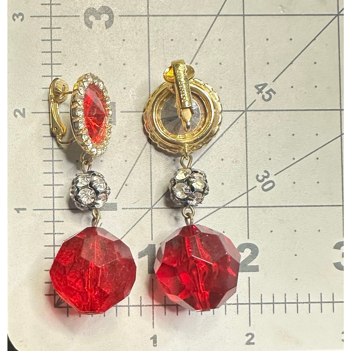 Les Bernard vintage gold tone red lucite rhinestone posts dangle drop earrings