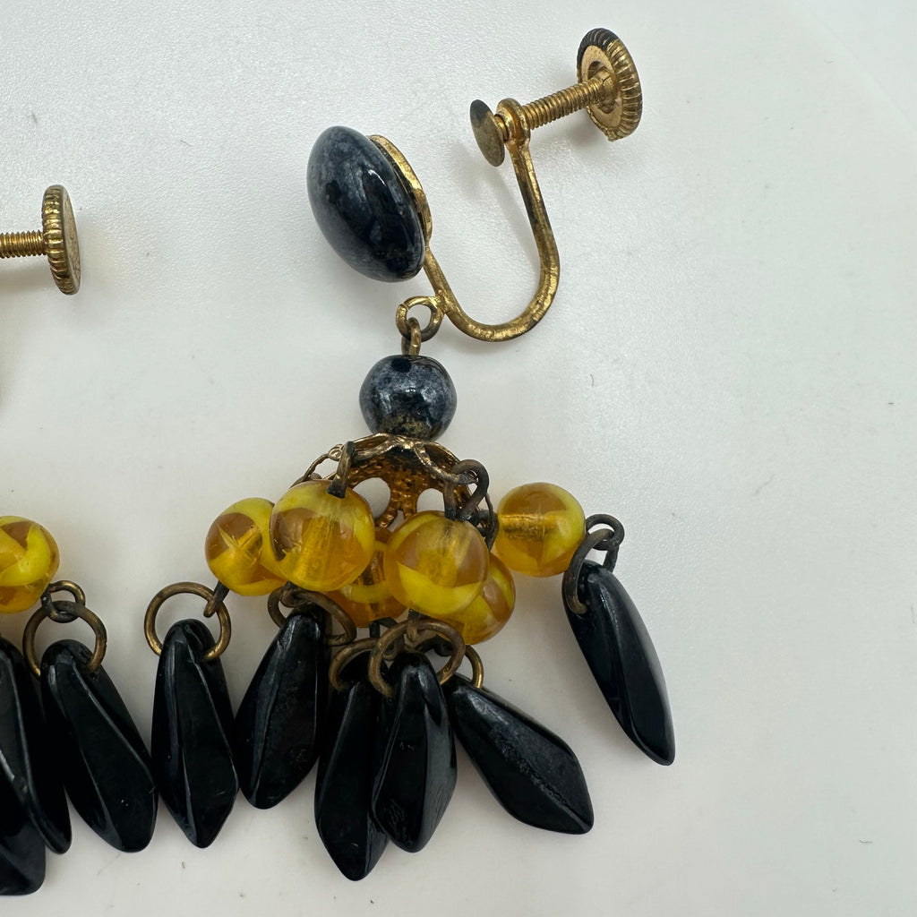 West Germany vintage gold yellow black glass beaded dangle screw back earrings