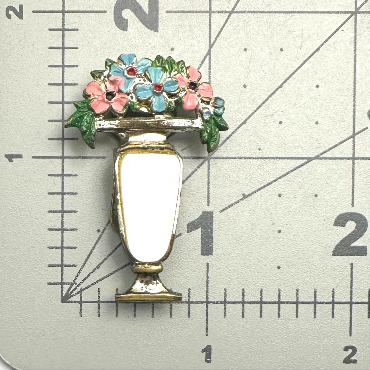 1940s vintage silver tone enamel flowers mother of pearl vase dress clip