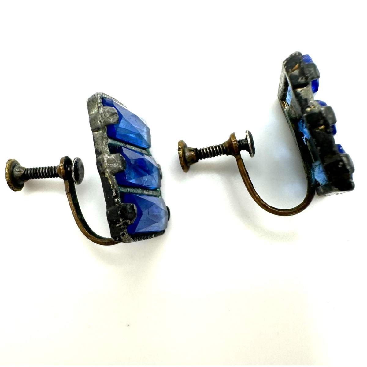 Antique Art Deco blue Vauxhall Czech glass rhinestones brass screw back earrings