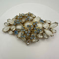 Unsigned 1950s vintage large gold tone blue clear givre glass rhinestones brooch