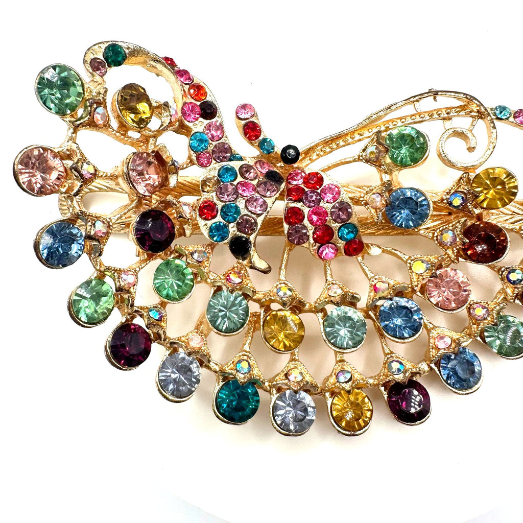 Gold tone multicolor rainbow glass rhinestones barrette hair clip accessory