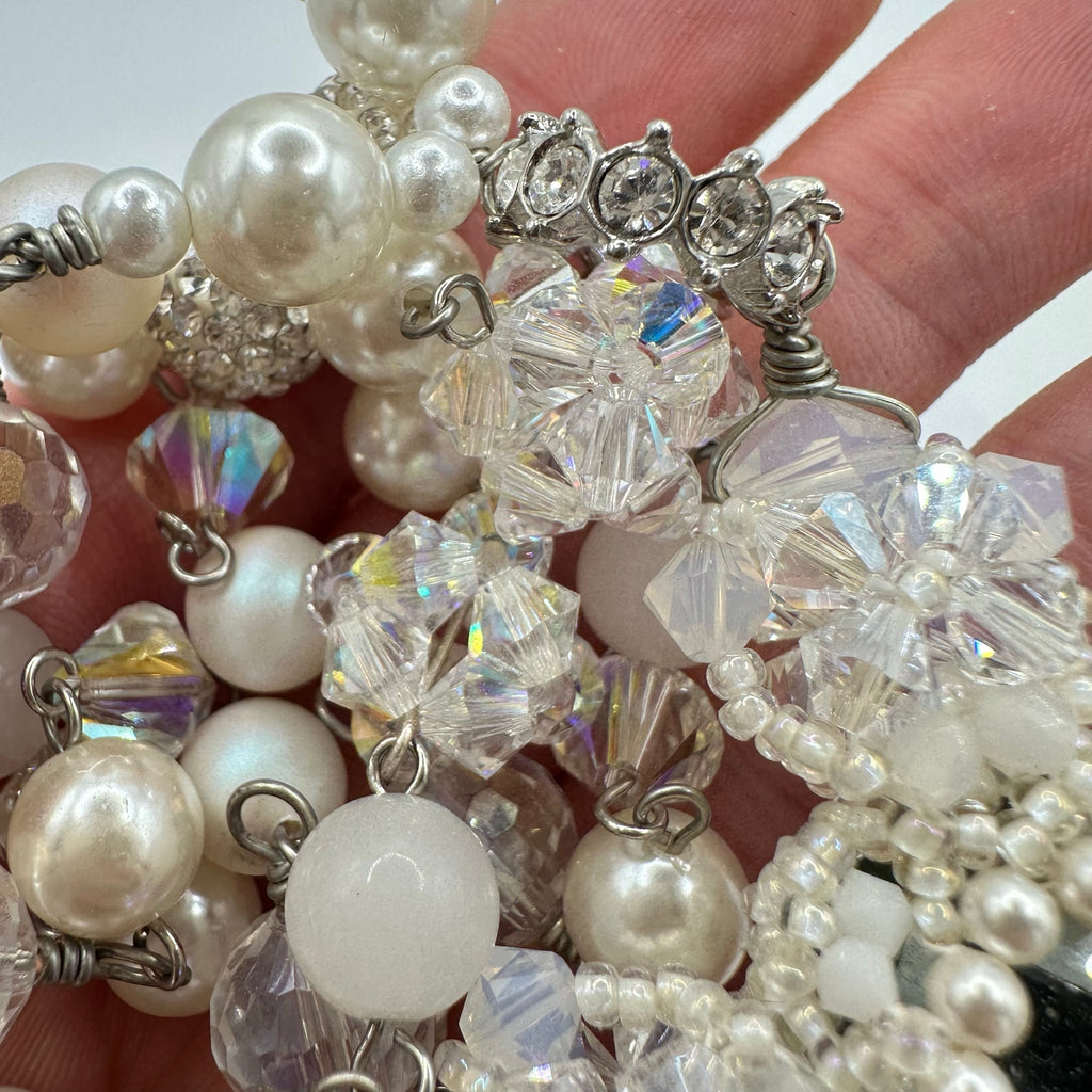 Handmade clear AB white opalite glass faux pearls cross beads beaded necklace