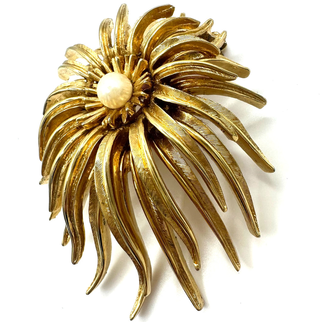 Marcel Boucher signed vintage gold tone real pearl 3D flower floral brooch