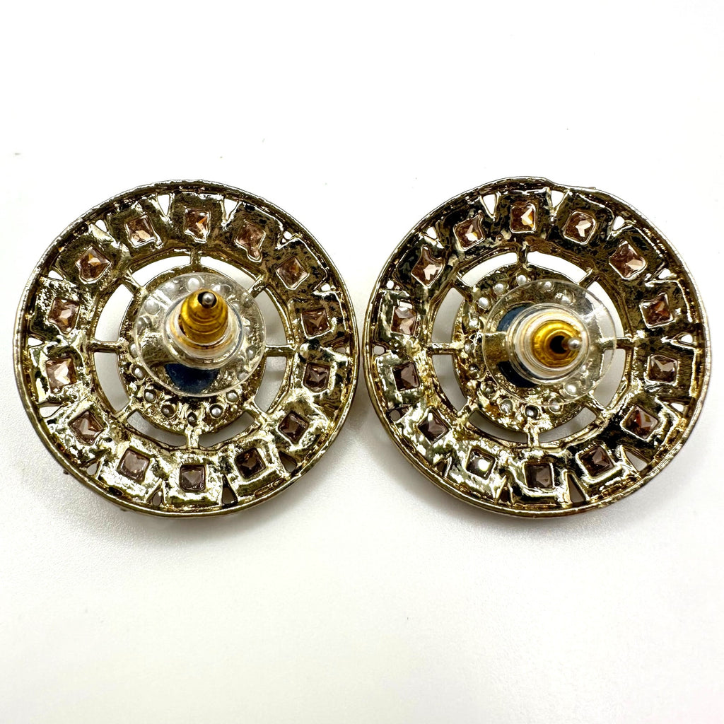 Gold plated blue champagne cubic zirconia CZ faux seed pearls post earrings