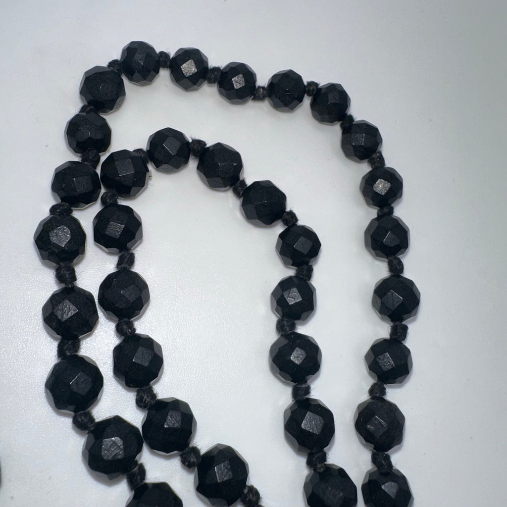 Antique Victorian 1800s black faceted vulcanite beaded 58” mourning necklace