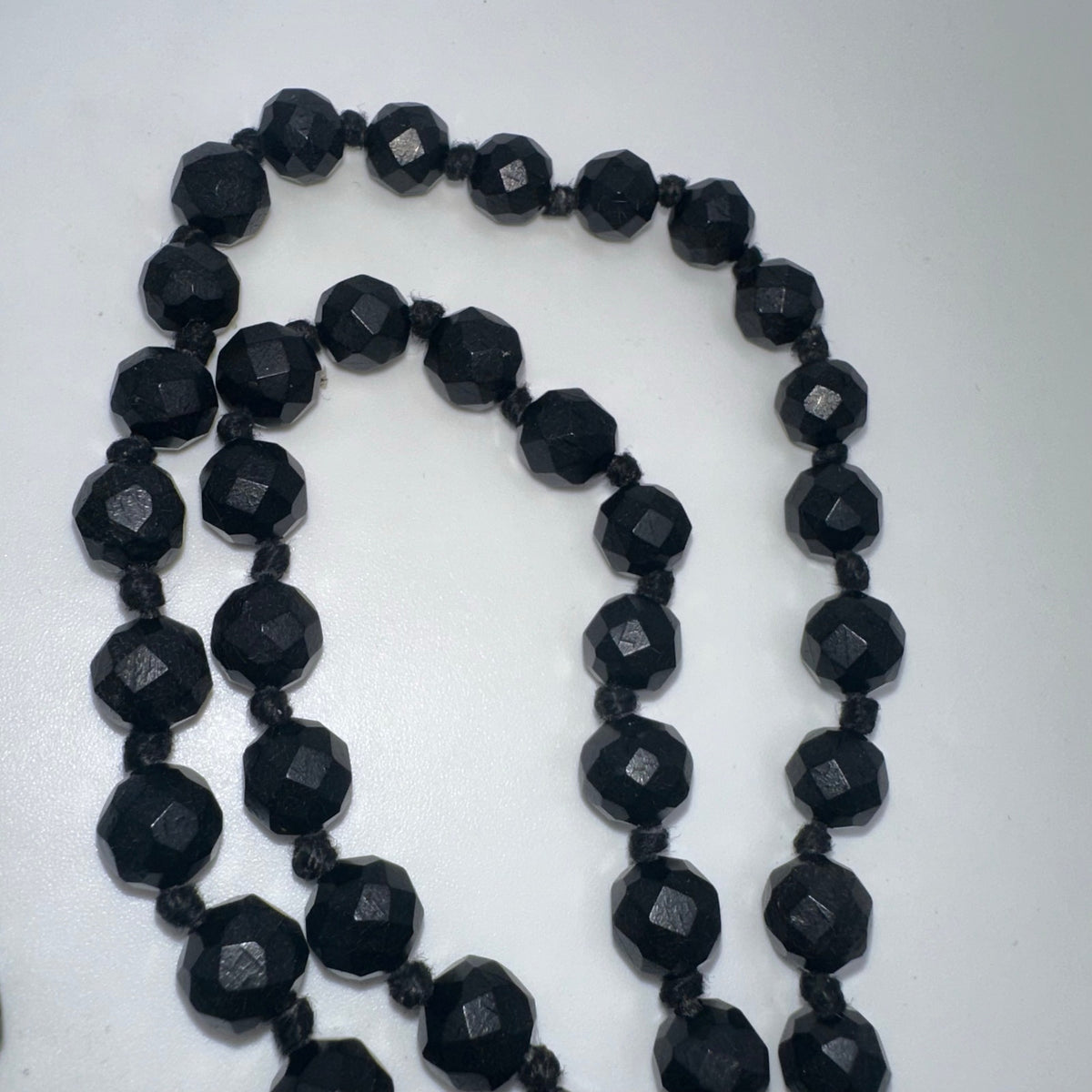 Antique Victorian 1800s black faceted vulcanite beaded 58” mourning necklace