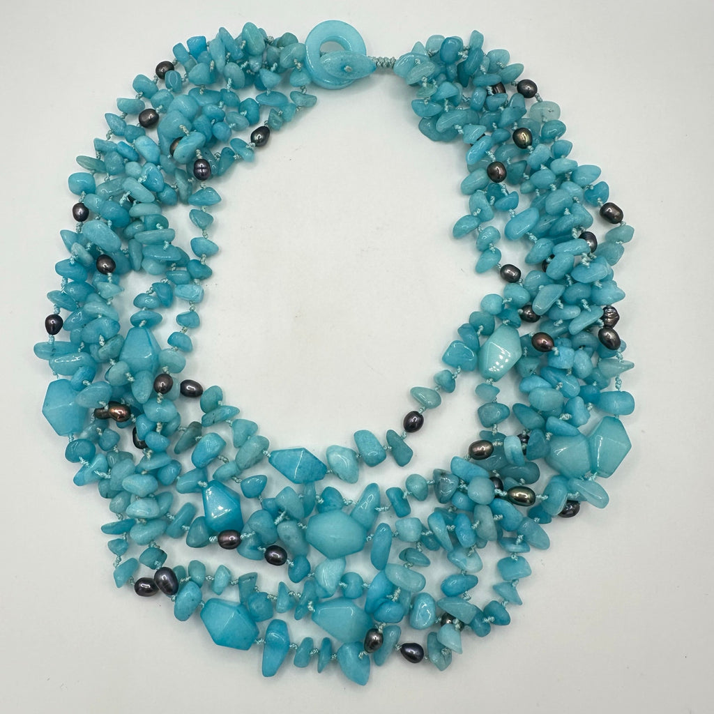 Handmade Caribbean blue quartz freshwater pearls 6 multi strand beaded necklace