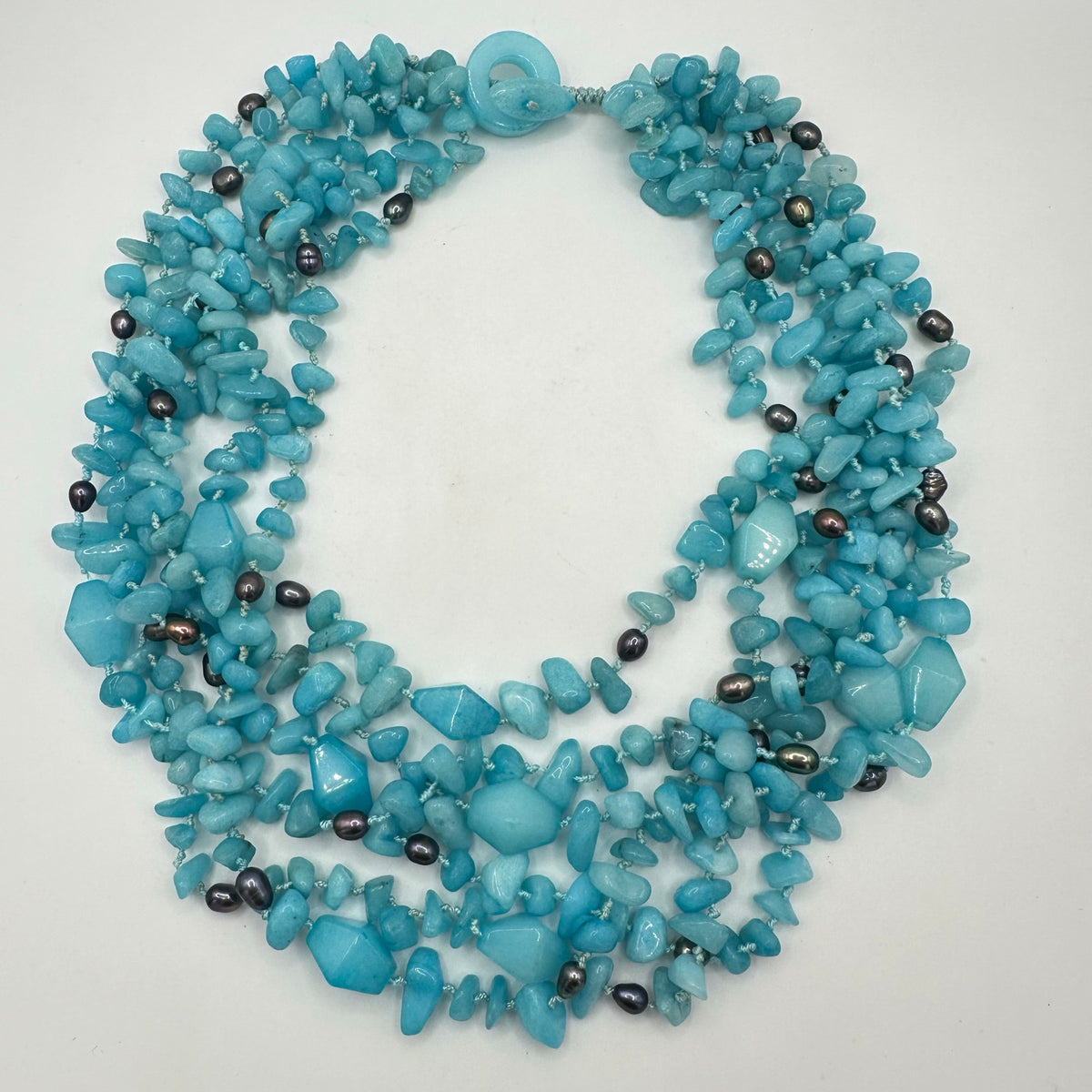 Handmade Caribbean blue quartz freshwater pearls 6 multi strand beaded necklace
