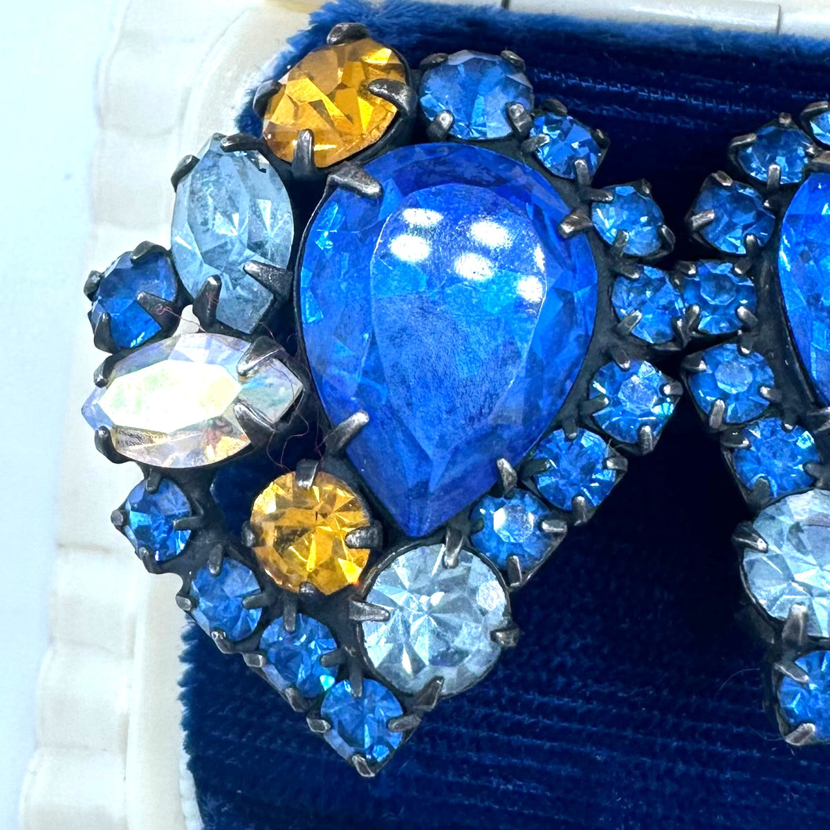 Vendome silver tone aurora borealis AB blue orange rhinestones clip on earrings
