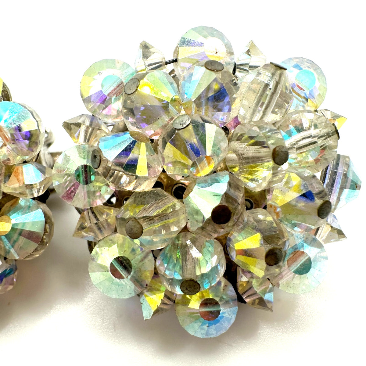 Hobé vintage silver tone aurora borealis glass beaded cluster clip on earrings