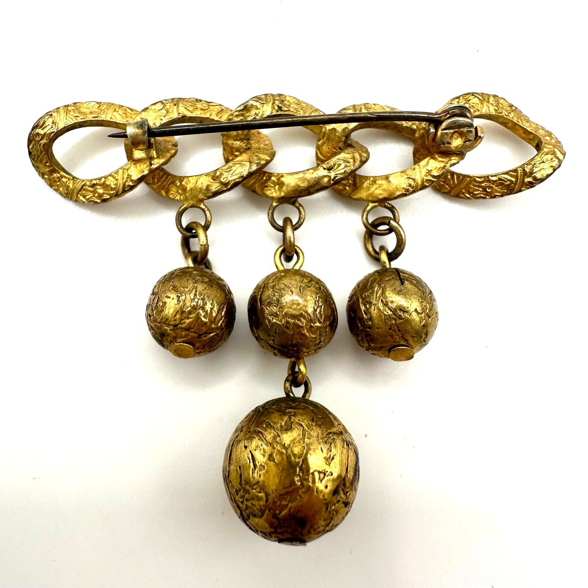 Antique Art Deco gold tone brass dangling ball charms chain bar pin brooch