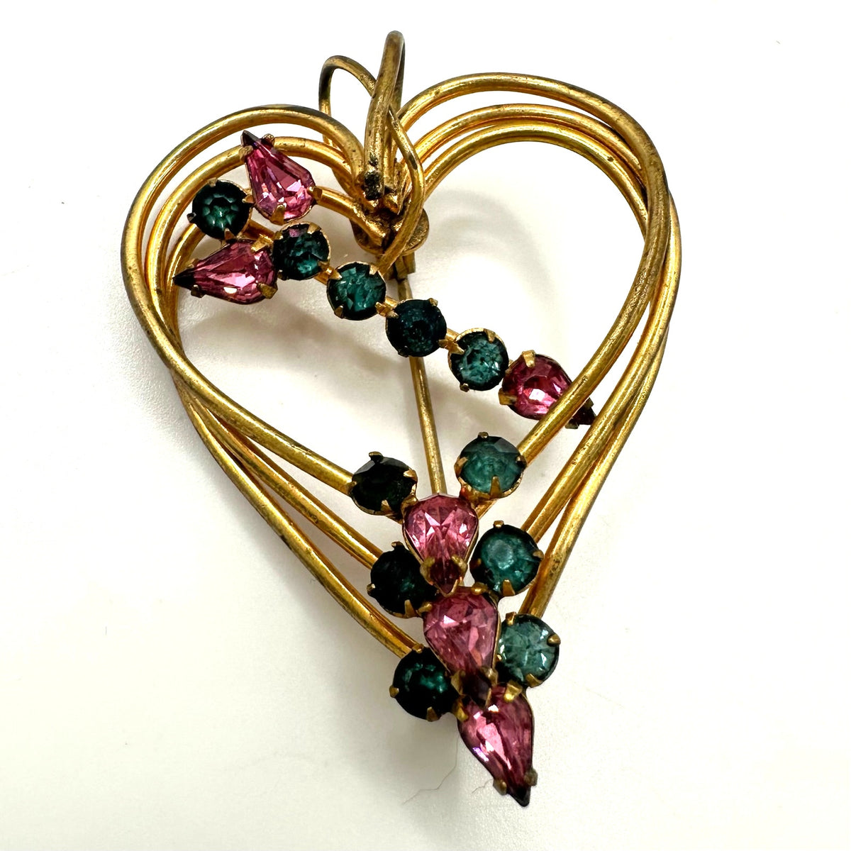 1940s 1950s vintage gold tone pink blue rhinestones heart brooch pin pendant