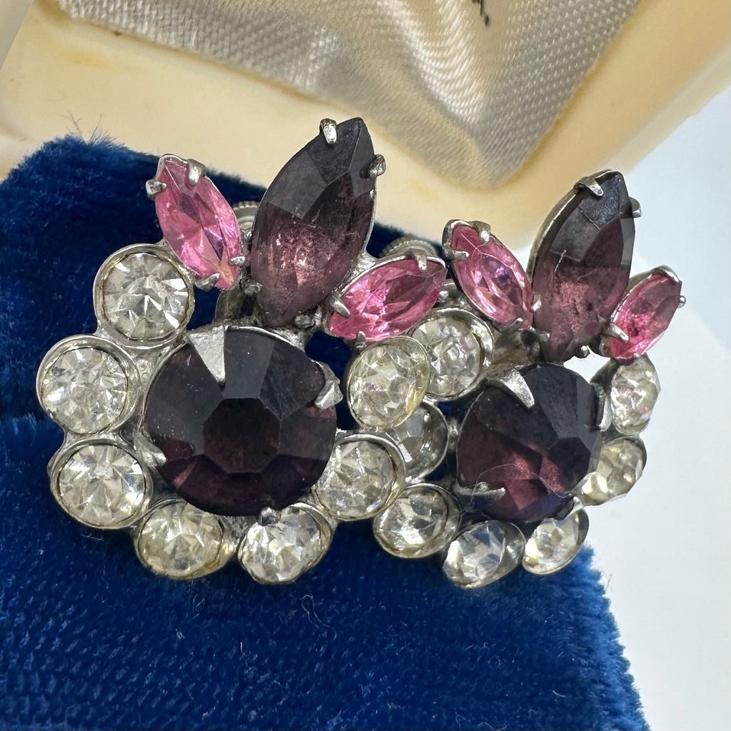 Vintage silver tone pink purple clear glass rhinestones screw back earrings