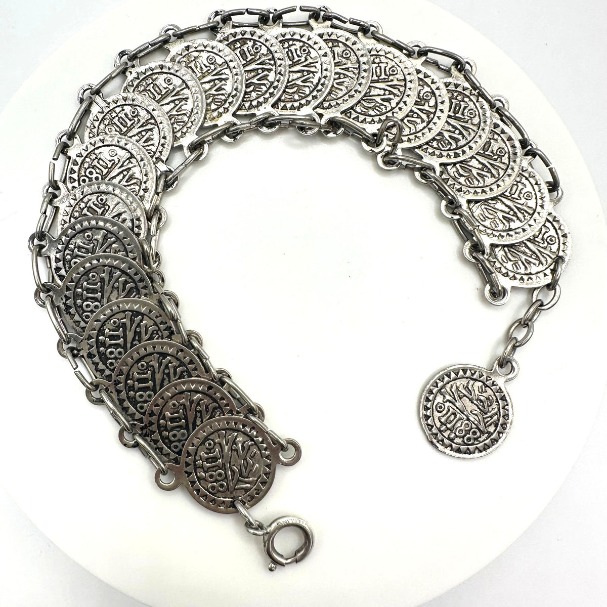 Vintage silver tone reversible double two 2 sided coins adjustable bracelet