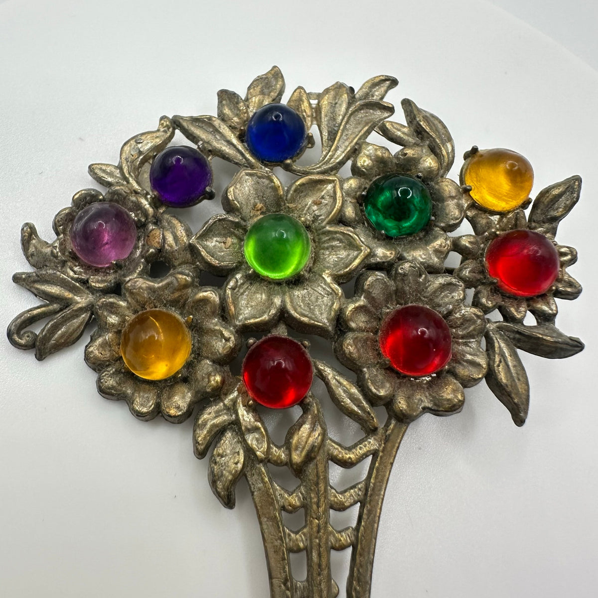 Vintage 1940s silver tone multicolor lucite cabochons flowers basket brooch