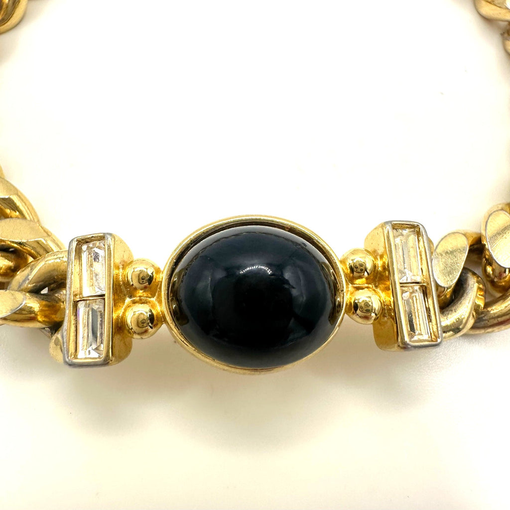 Joan Rivers vintage gold tone black glass cabochon rhinestones chain bracelet