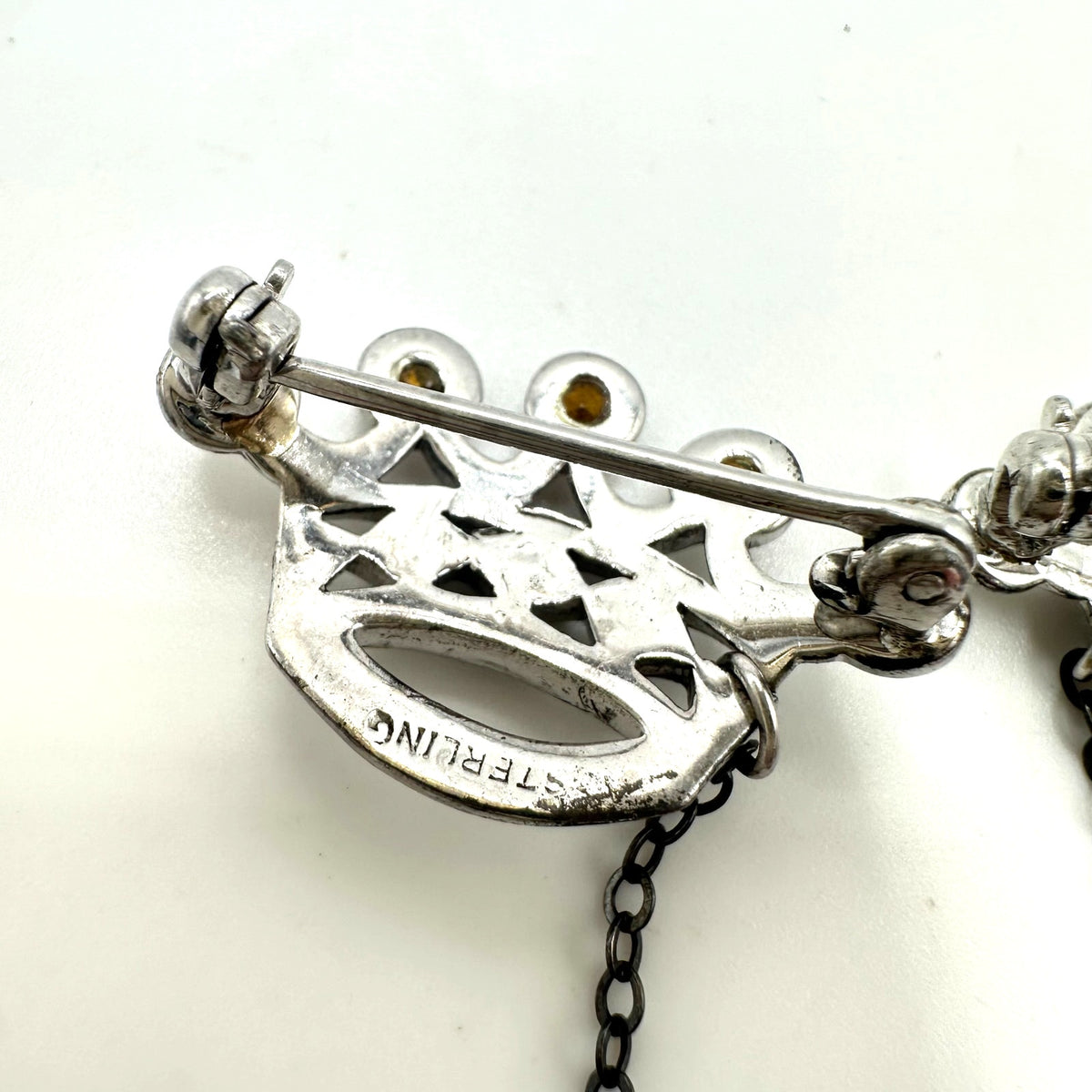 1940s vintage sterling silver rhinestones double crown brooch sweater guard