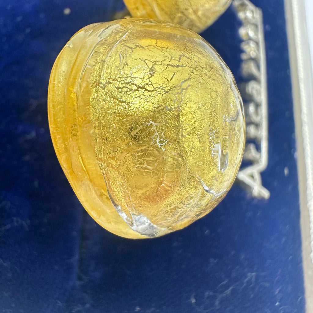 Vintage gold tone hand blown crackled clear Murano art glass clip on earrings