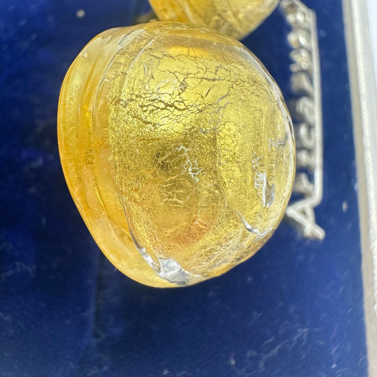 Vintage gold tone hand blown crackled clear Murano art glass clip on earrings