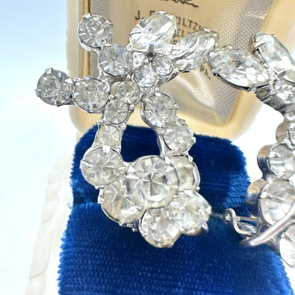 Vintage high end silver tone clear rhinestones wire over clip on earrings