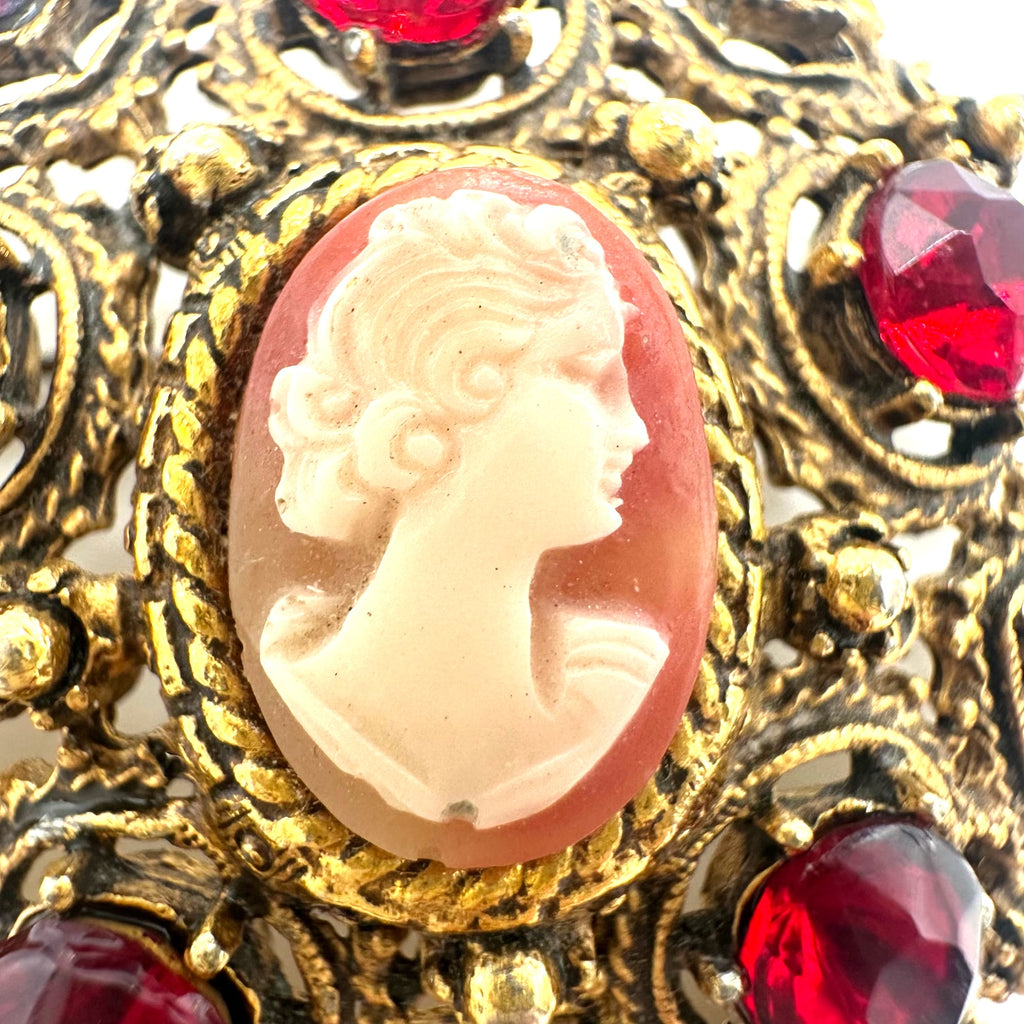 Florenza Victorian Revival gold tone red rhinestones faux turquoise cameo brooch