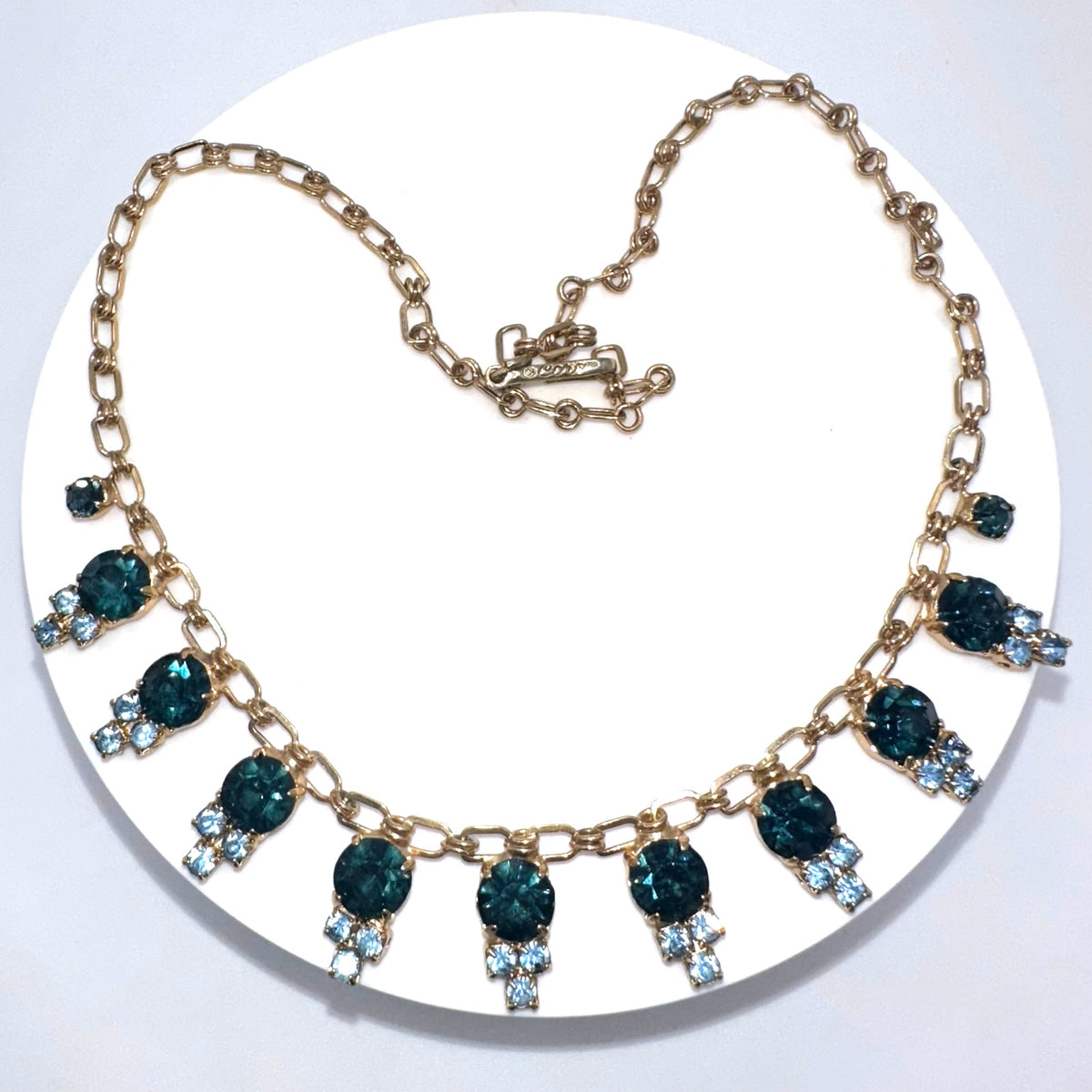 Coro vintage gold tone Montana & light blue rhinestones fringe necklace