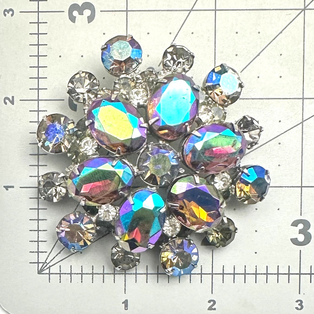 Juliana vintage silver tone aurora borealis AB gray rhinestones headlight brooch