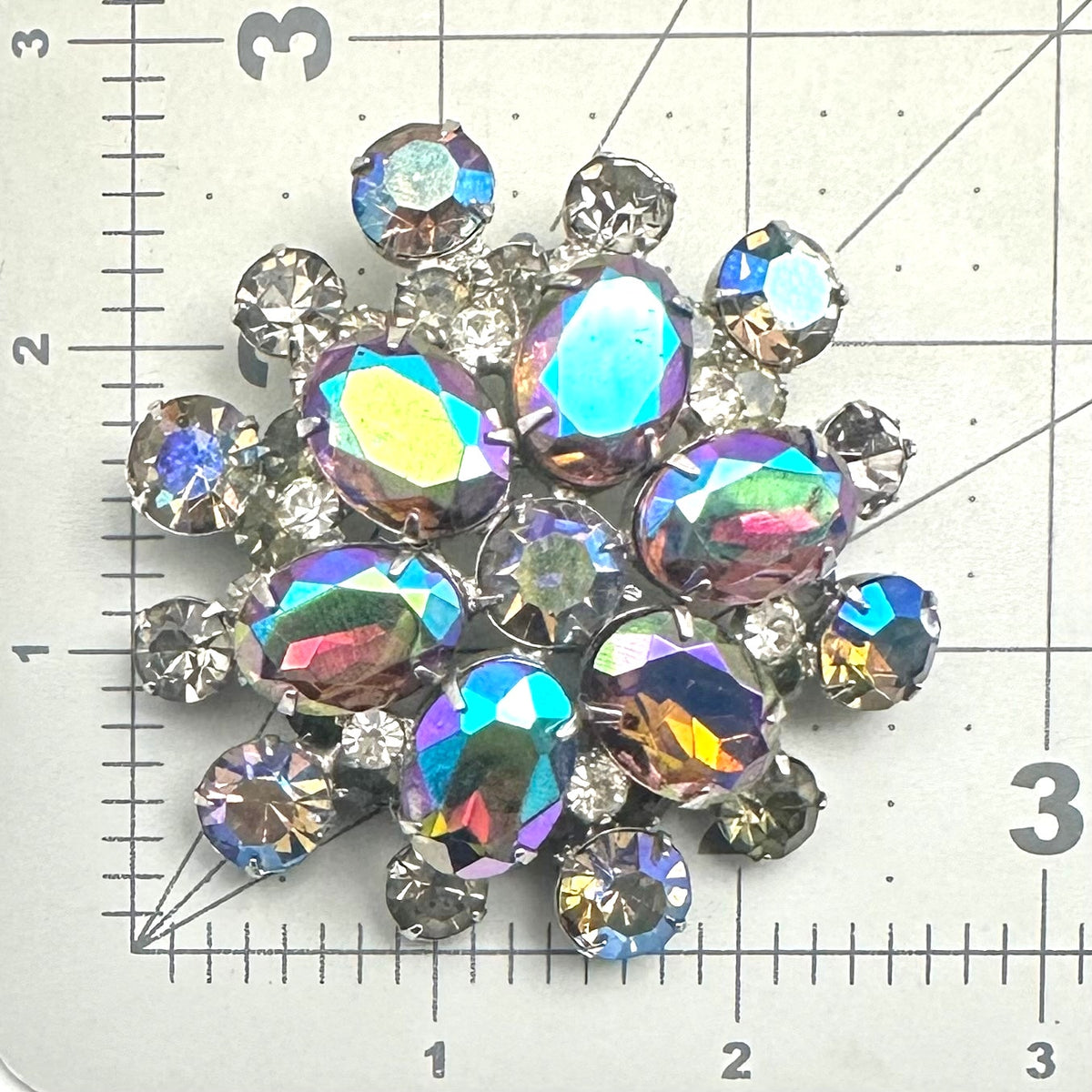 Juliana vintage silver tone aurora borealis AB gray rhinestones headlight brooch
