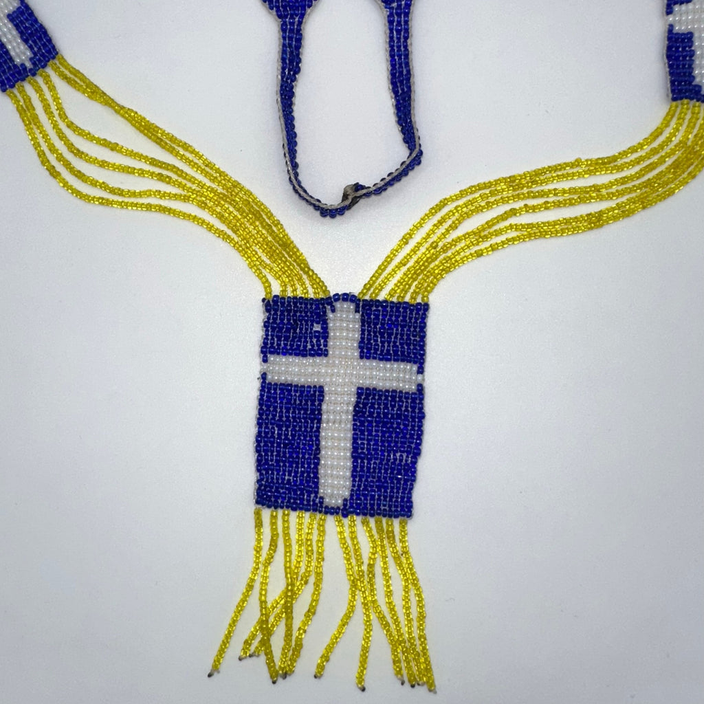 Antique Art Deco 1920s handmade yellow blue glass beaded crosses tassel necklace