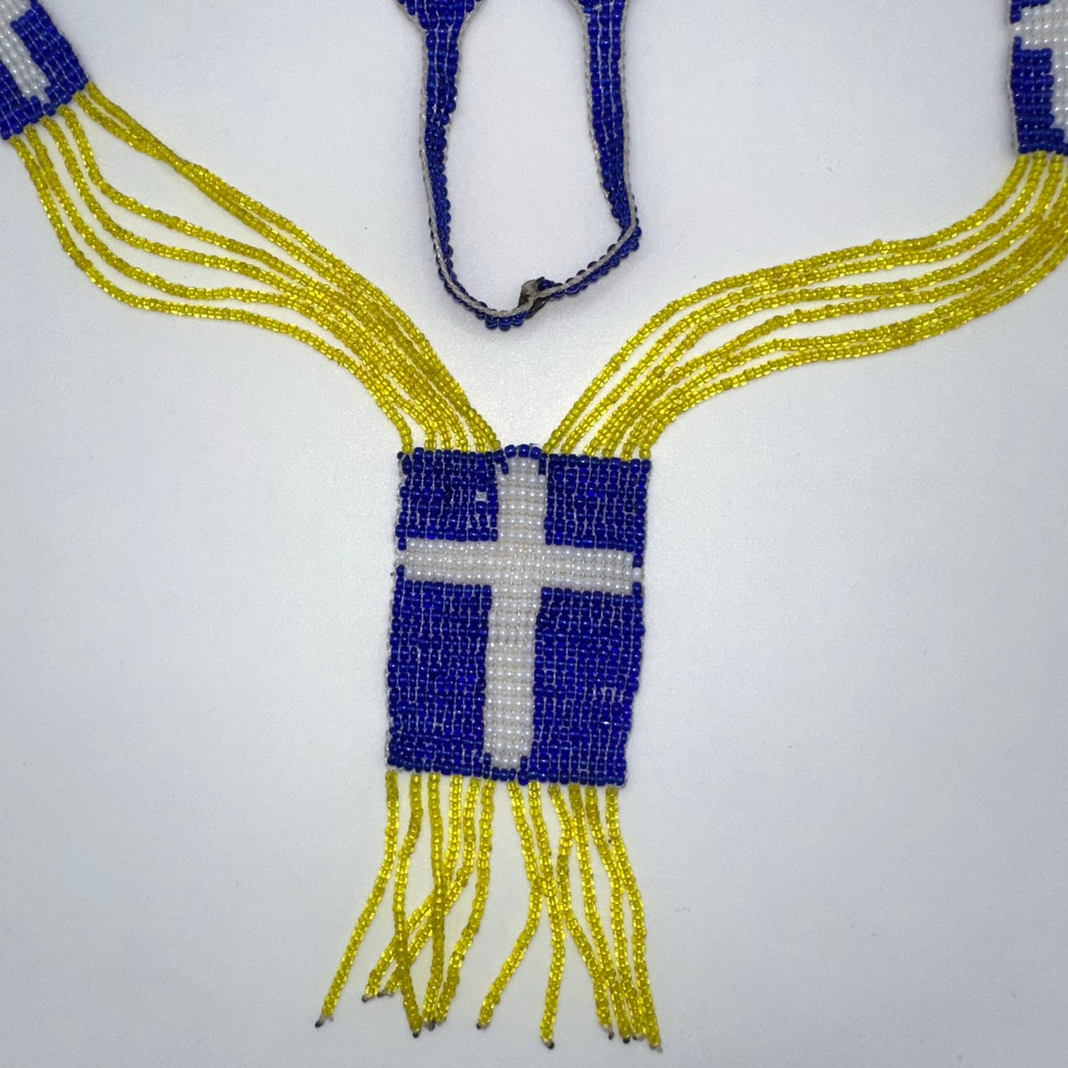 Antique Art Deco 1920s handmade yellow blue glass beaded crosses tassel necklace