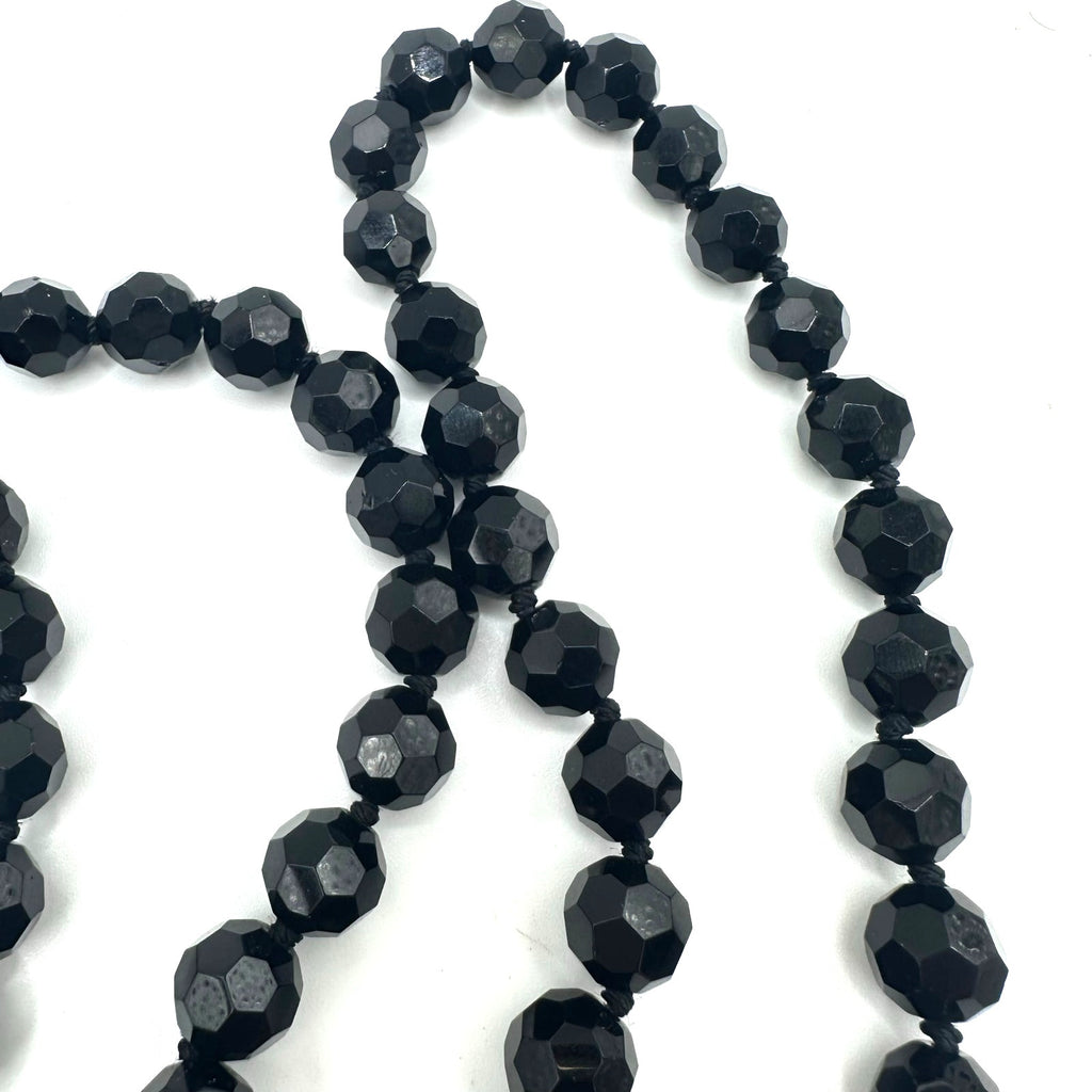 Extra long 72” black faceted glass 10mm beads beaded hand knotted necklace