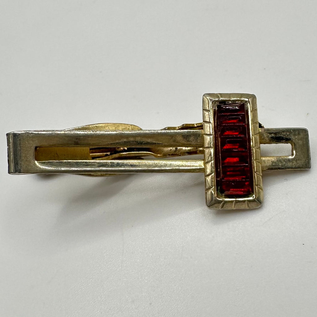 Vintage midcentury gold tone red molded glass baguettes rhinestone tie bar clip