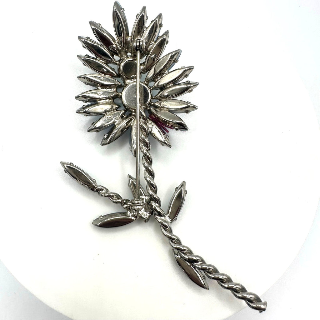 Vintage silver tone large 4" blue glass AB rhinestones navettes flower brooch