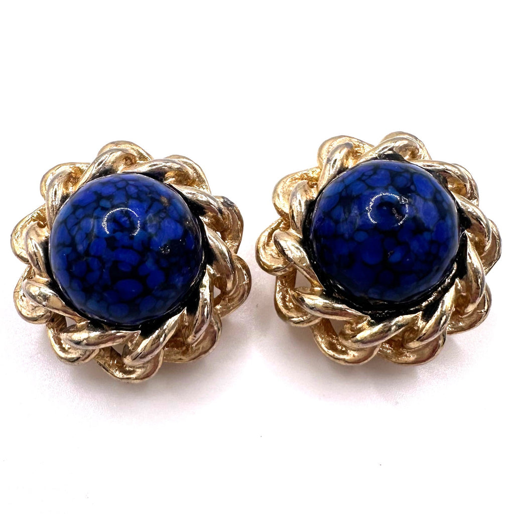 Gay Boyer  vintage gold tone blue art glass cabochon clip on earrings