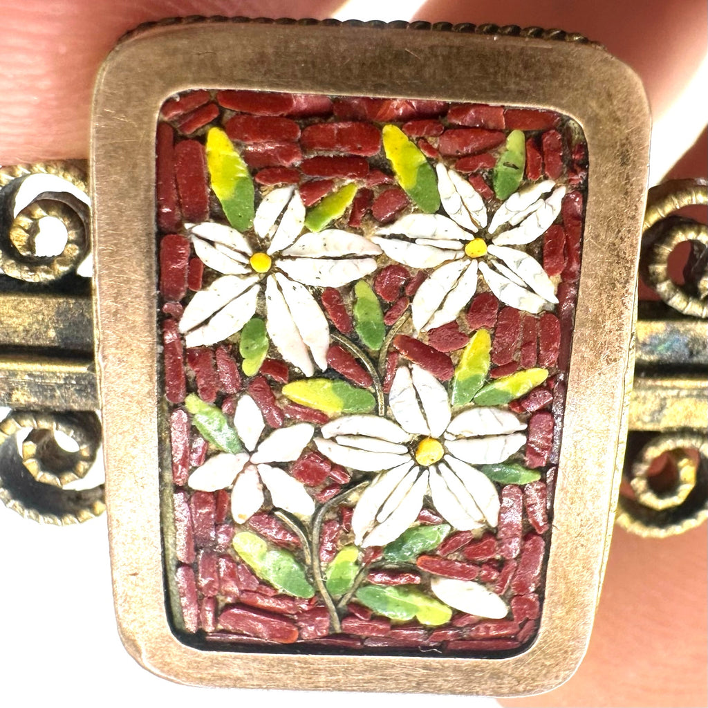 Antique Victorian 1880s micro mosaic gold filled Etruscan Revival bar pin brooch