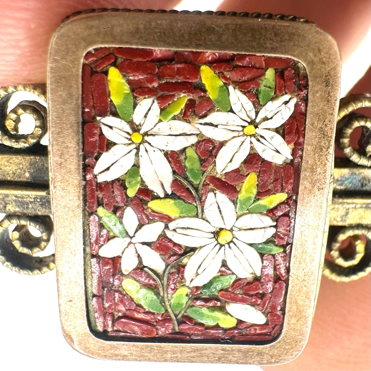 Antique Victorian 1880s micro mosaic gold filled Etruscan Revival bar pin brooch