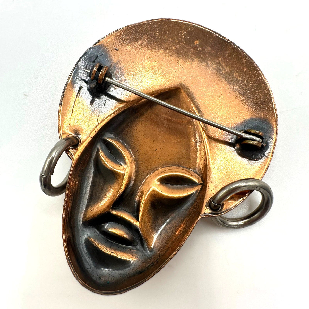 Vintage Elzac style solid copper gold silver tone tribal face figural brooch