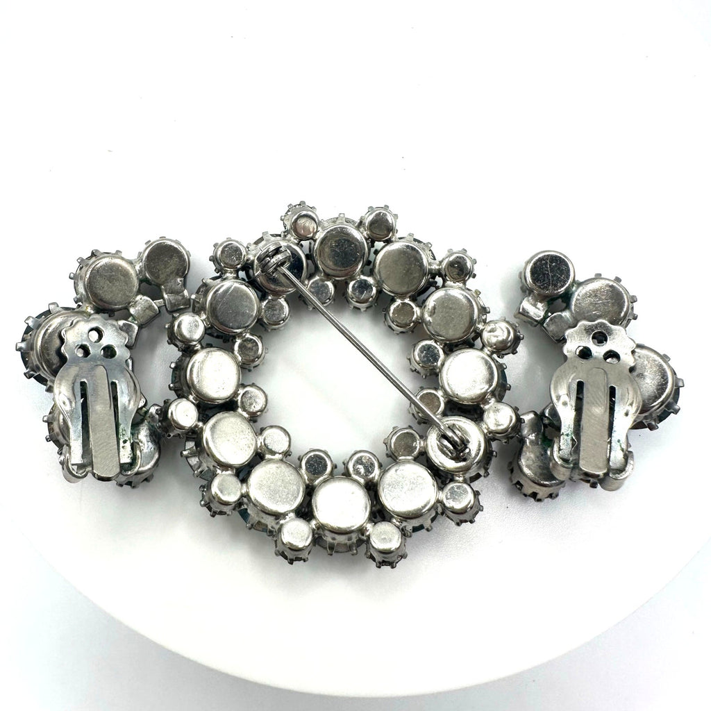Vintage silver tone clear blue AB rhinestones wreath brooch clip on earrings