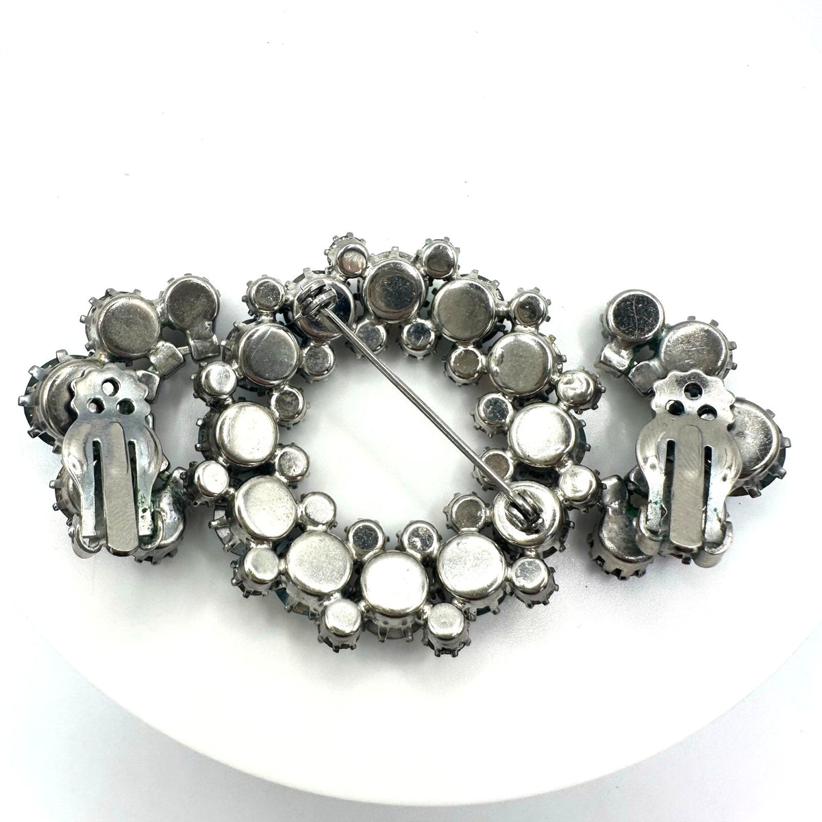 Vintage silver tone clear blue AB rhinestones wreath brooch clip on earrings